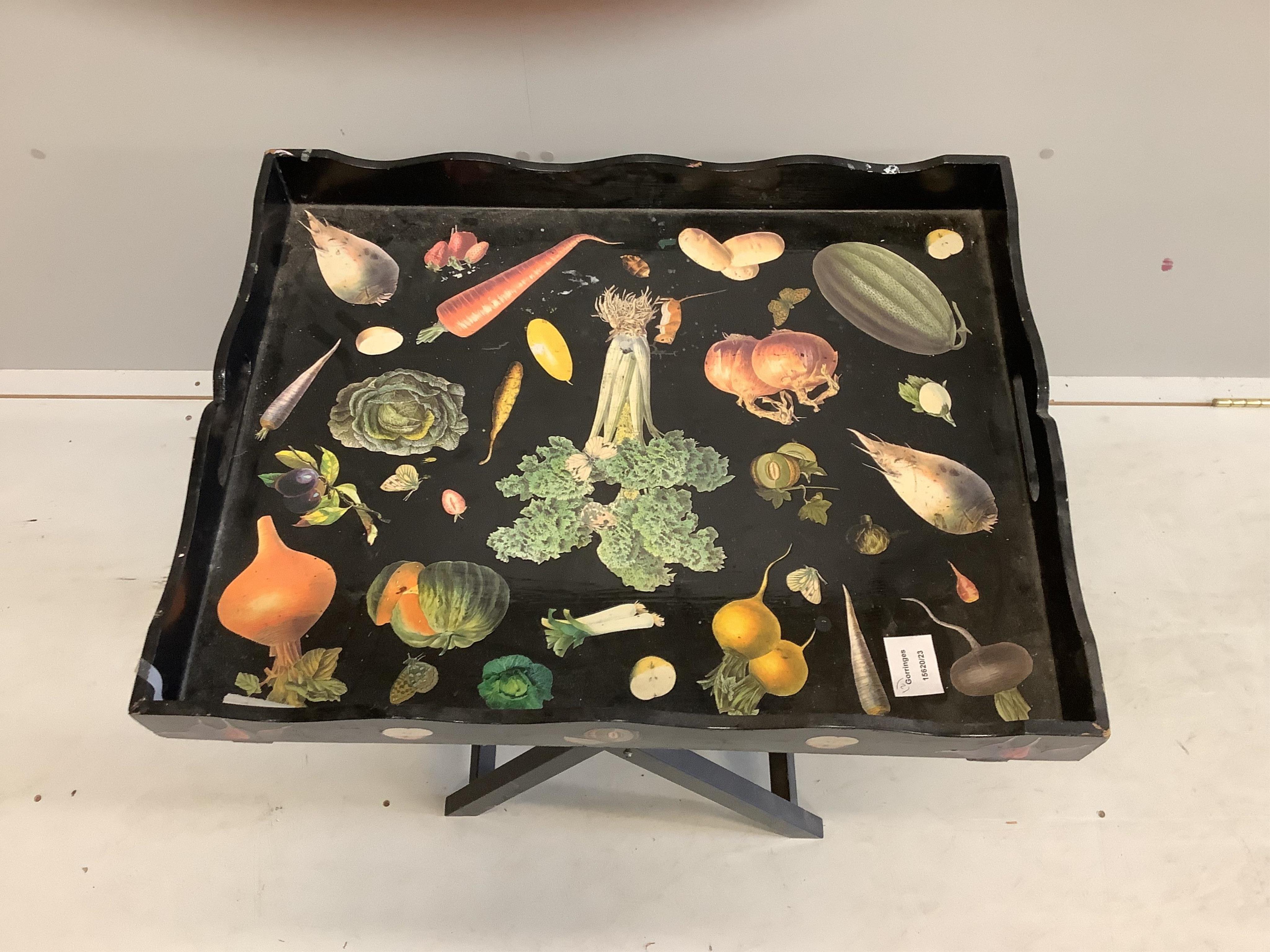 Julia Black, a decoupage butler's tray on folding stand, width 58cm, height 78cm, together with a circular tray. Condition - fair